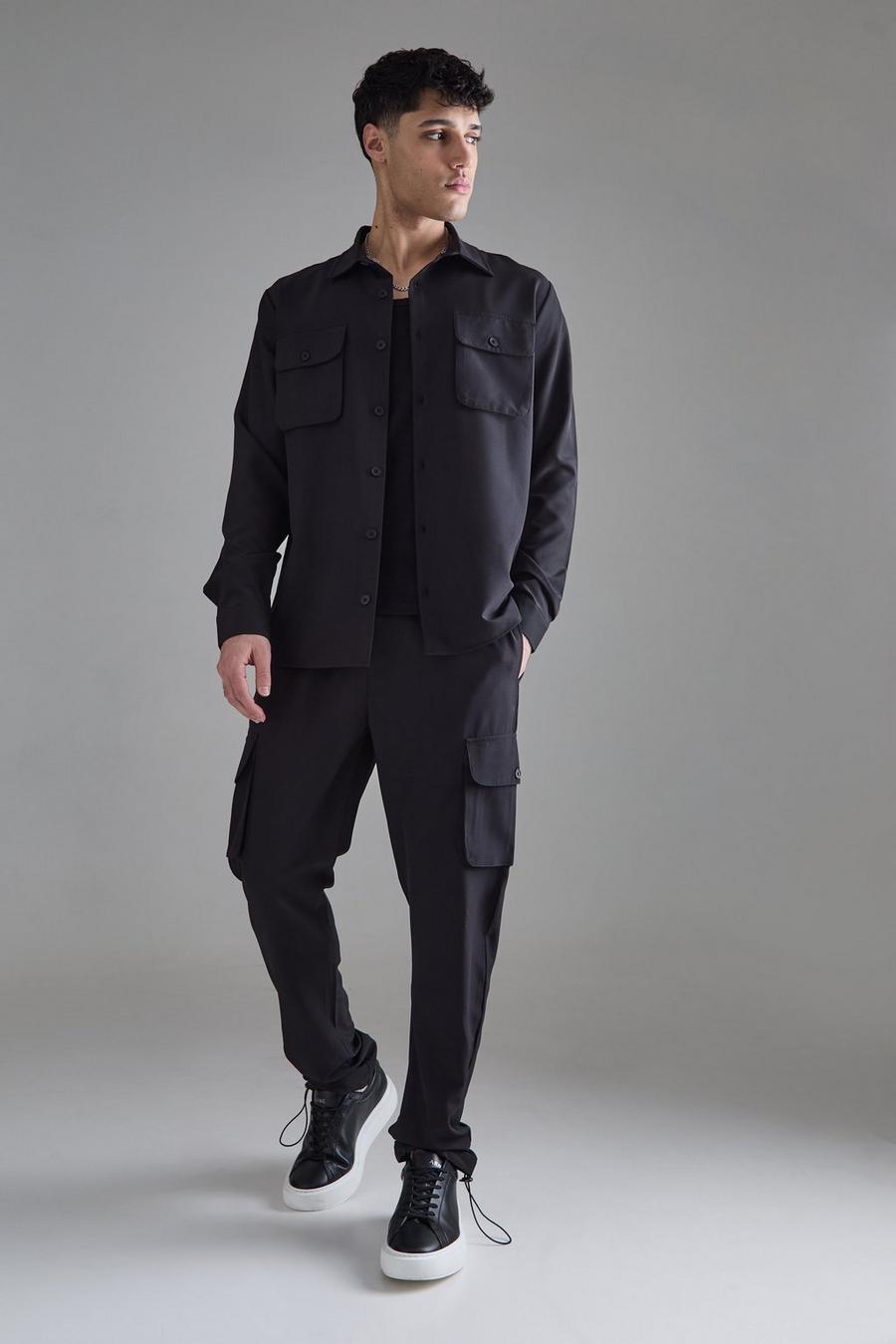 Black Lightweight Stretch Utility Shirt And Trouser Set image number 1