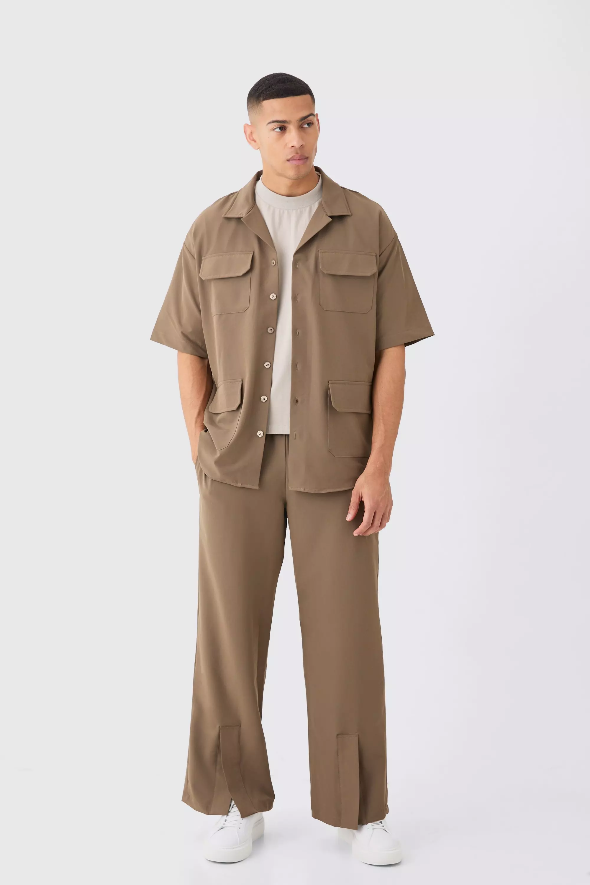 Taupe Lightweight Stretch Shirt And Split Hem Trouser Set alternative image