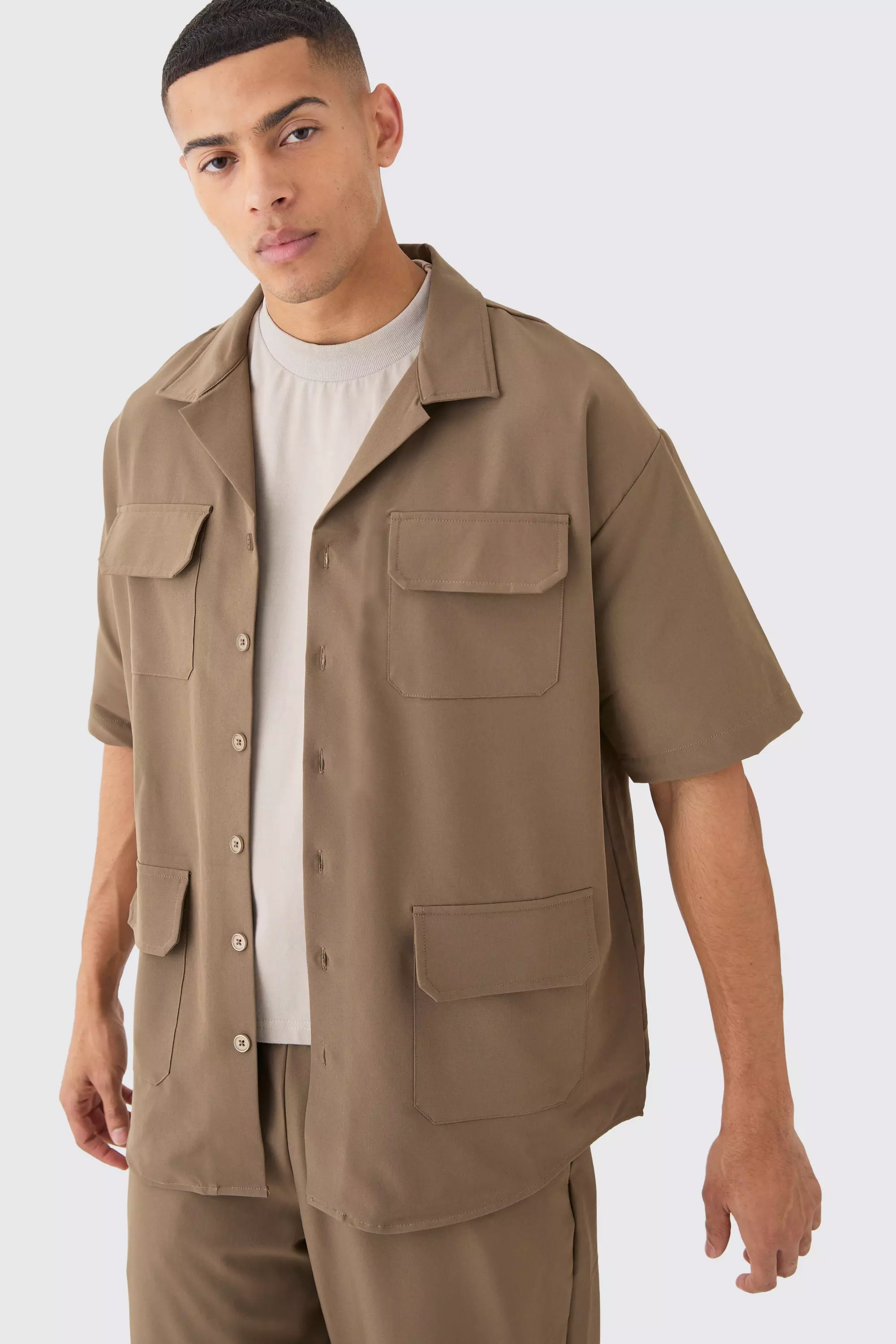 Taupe Lightweight Stretch Shirt And Split Hem Trouser Set alternative image