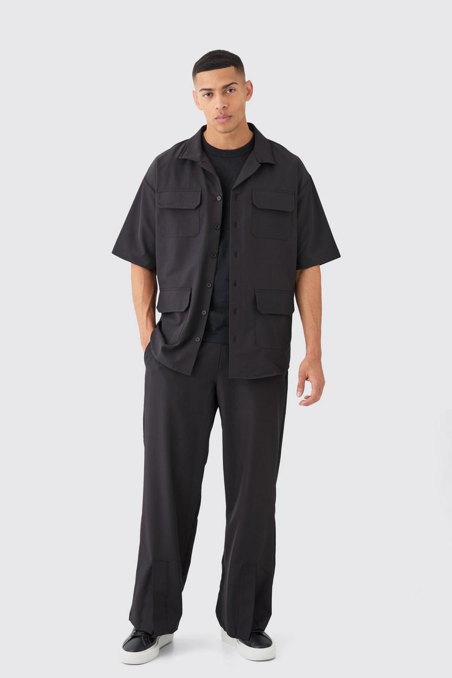 Conjunto de pantalón con abertura en el bajo y camisa elástica ligera, Black image number 1