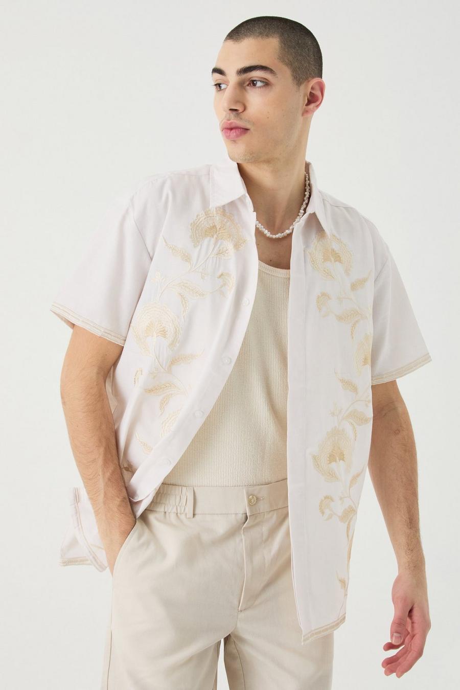Ecru Oversized Concealed Placket Tonal Embroidery Shirt  image number 1