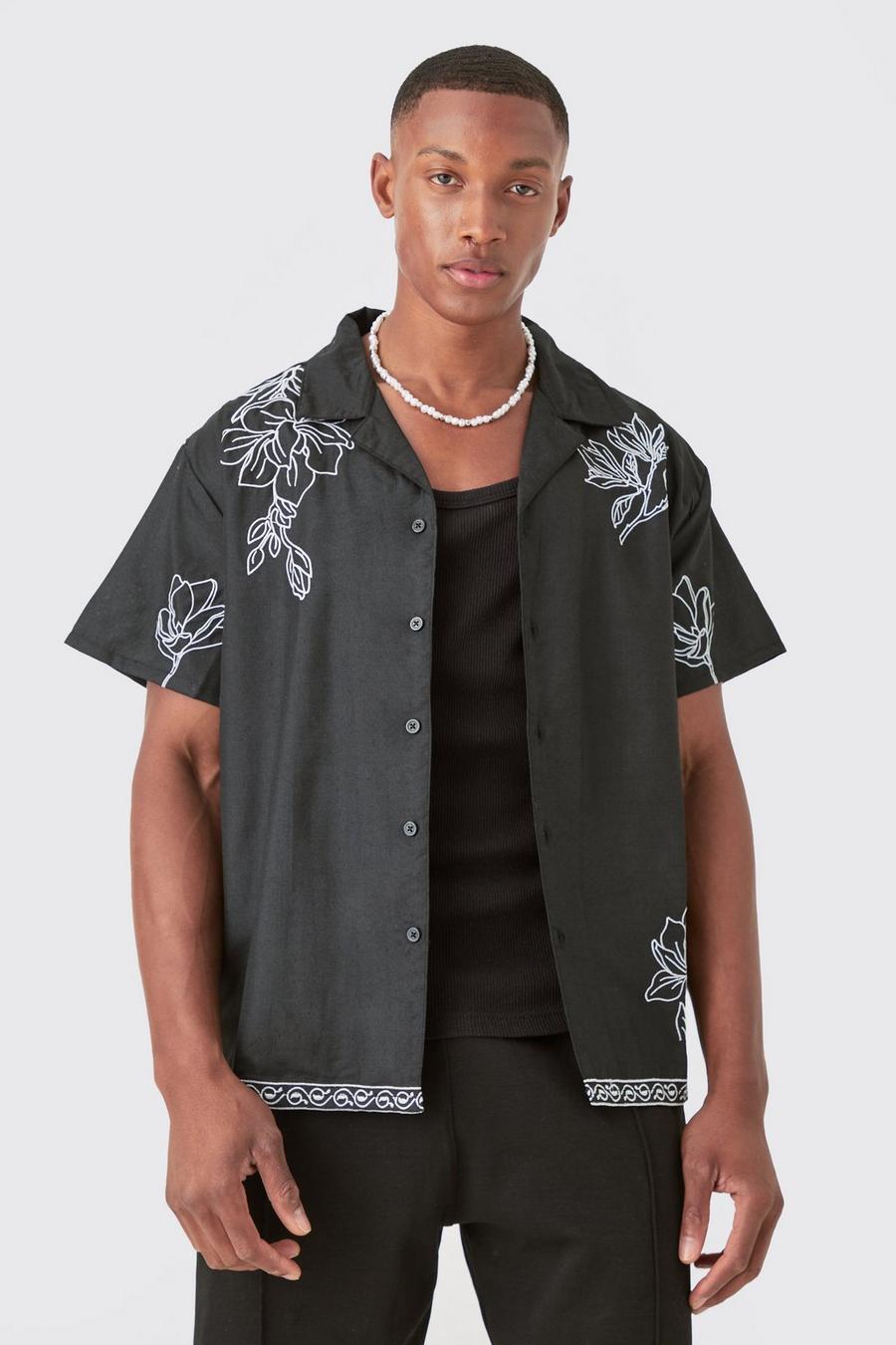 Black Geborduurd Boxy Bloemen Overhemd Met Revers Kraag En Zakken