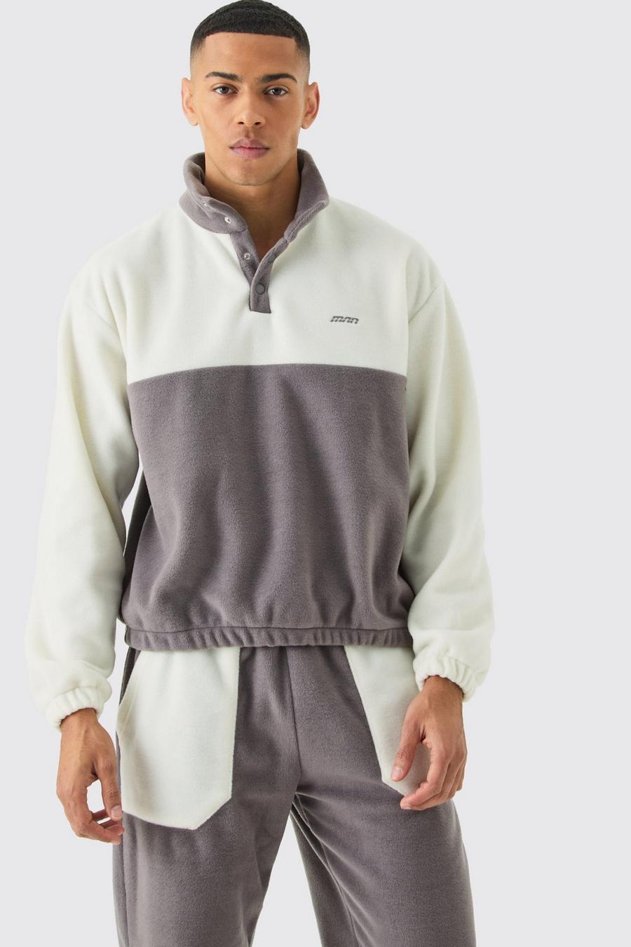 Man Oversize Colorblock Fleece-Trainingsanzug mit Druckknöpfen, Charcoal image number 1