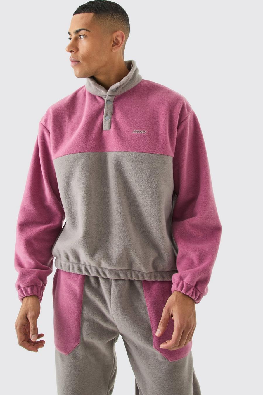 Man Oversize Colorblock Fleece-Trainingsanzug mit Druckknöpfen, Mink image number 1