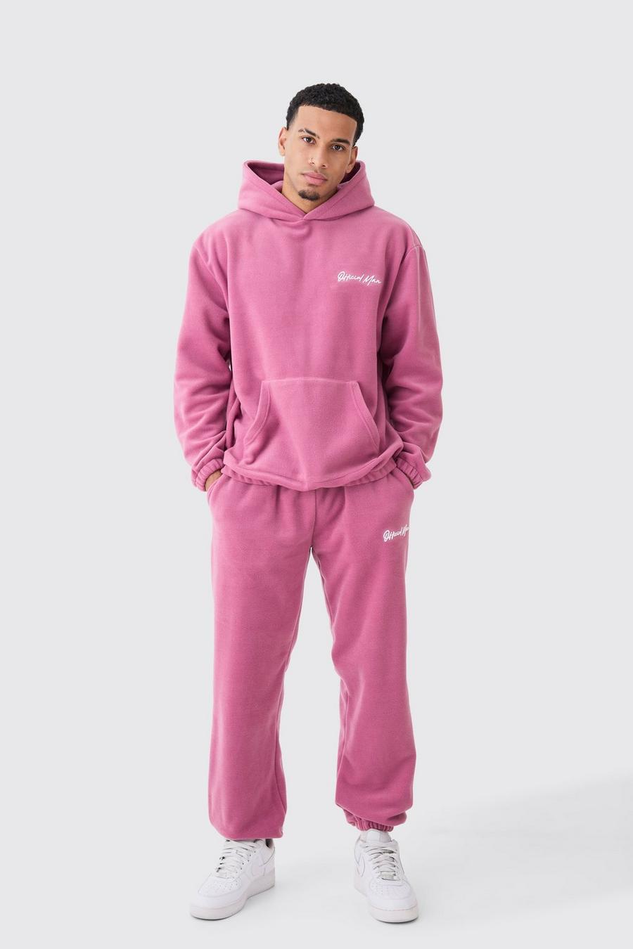 Dark pink MAN Oversize träningsoverall i fleece med huva image number 1