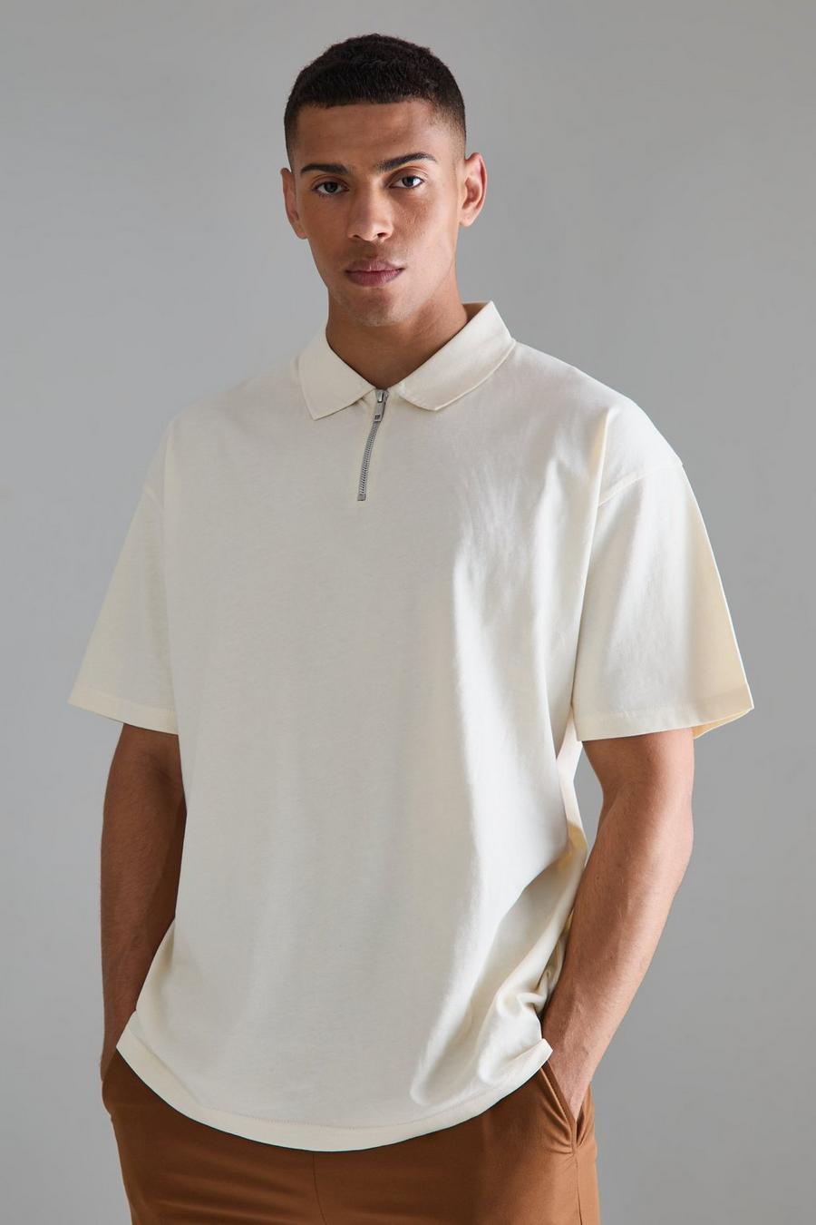 Oversize Poloshirt mit Reißverschluss, Ecru image number 1