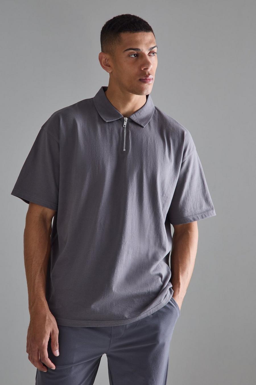 Oversize Poloshirt mit Reißverschluss, Charcoal
