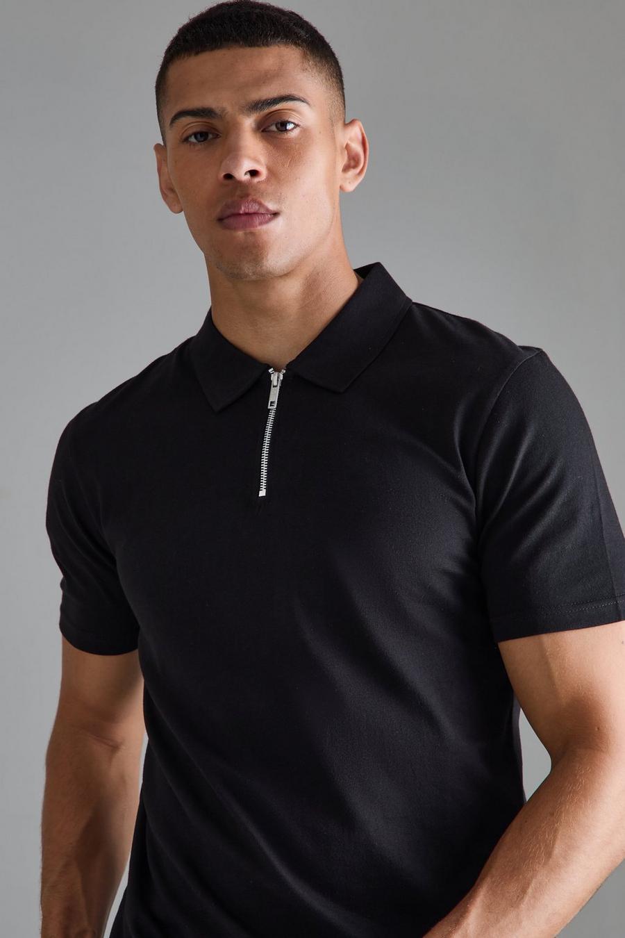 Slim-Fit Poloshirt mit Reißverschluss, Black