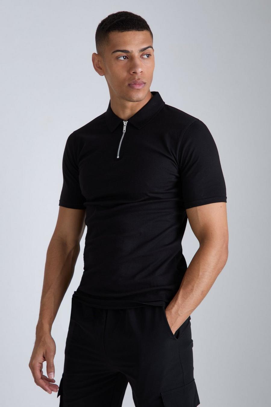 Muscle-Fit Poloshirt mit Reißverschluss, Black image number 1