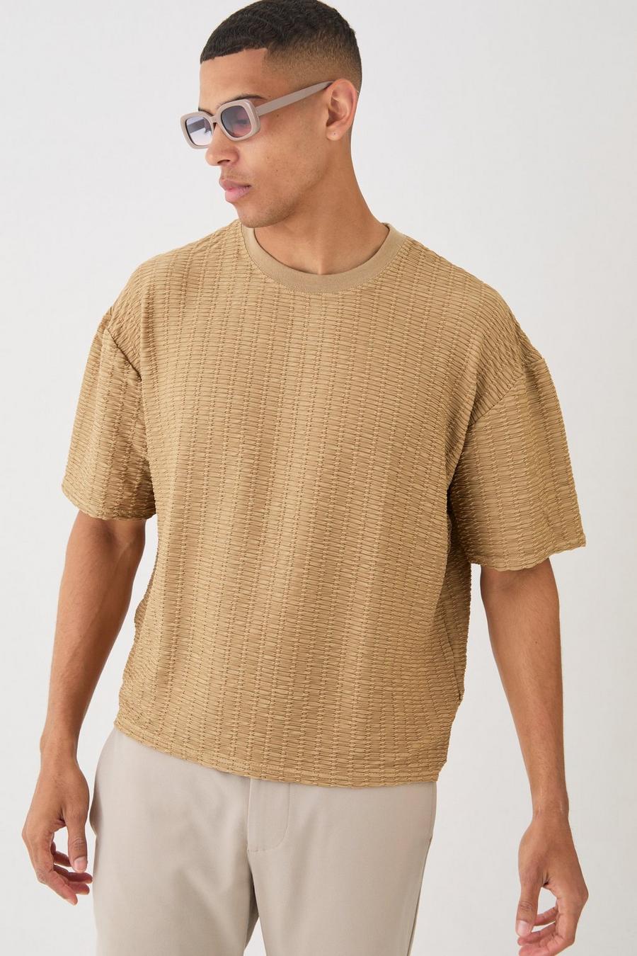 Oversized Boxy Pleated Texture T-shirt, Tan image number 1