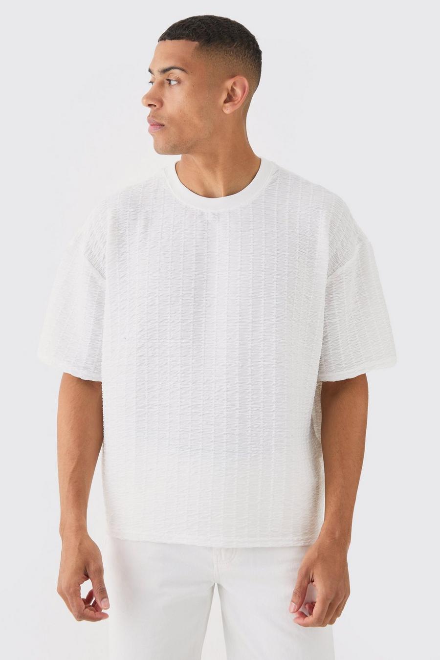 White Oversized Geplooid Boxy T-Shirt Met Textuur