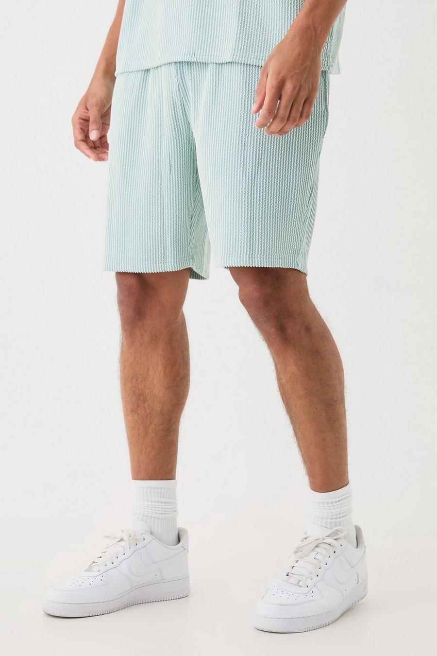 Dusty blue Relaxed Fit Mid Length Stripe Texture Shorts