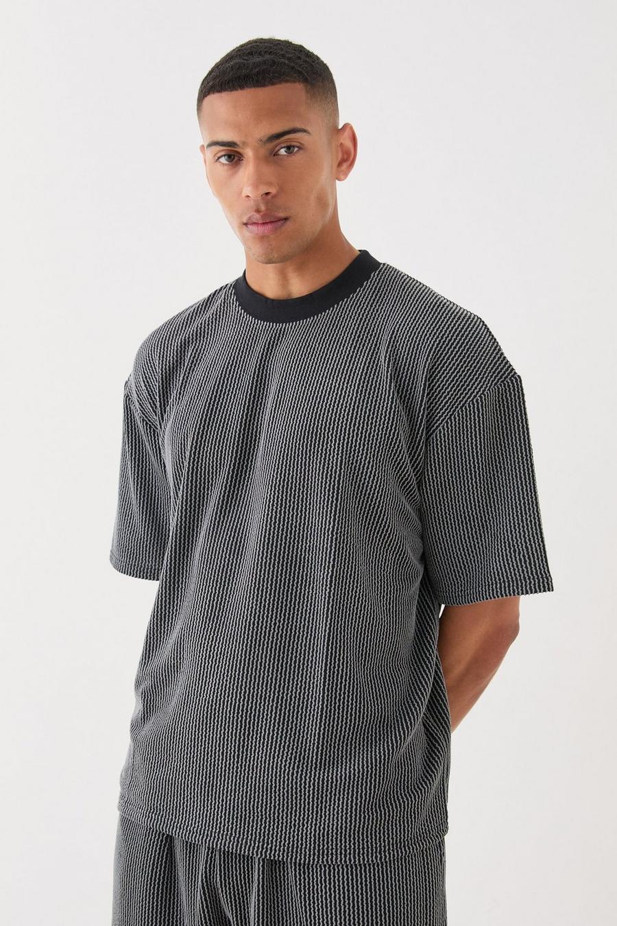 Camiseta oversize recta texturizada de rayas con cuello extendido, Black