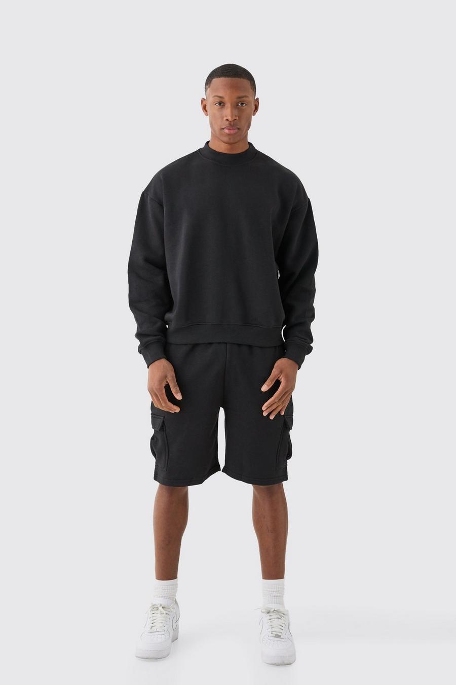 Black Oversize träningsoverall med shorts och fickor image number 1