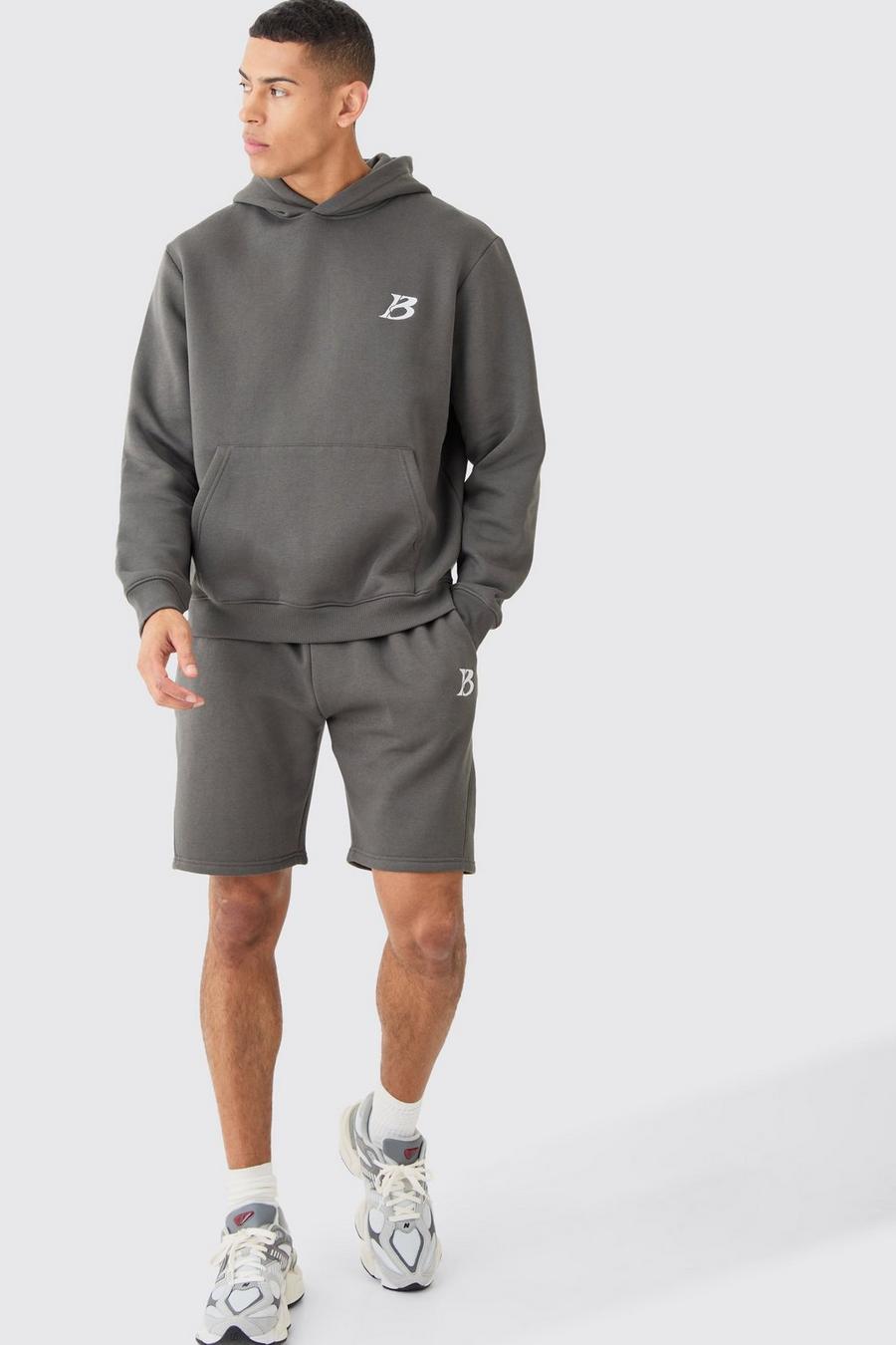 Charcoal Regular Hoodie And Gusset Shorts Set image number 1