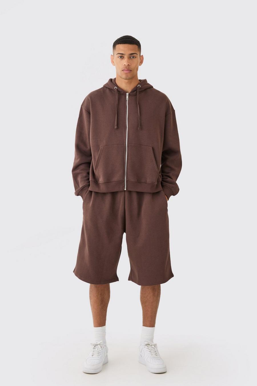 Chocolate Oversized Boxy Zip Through Hoodie And Long Line Shorts Set