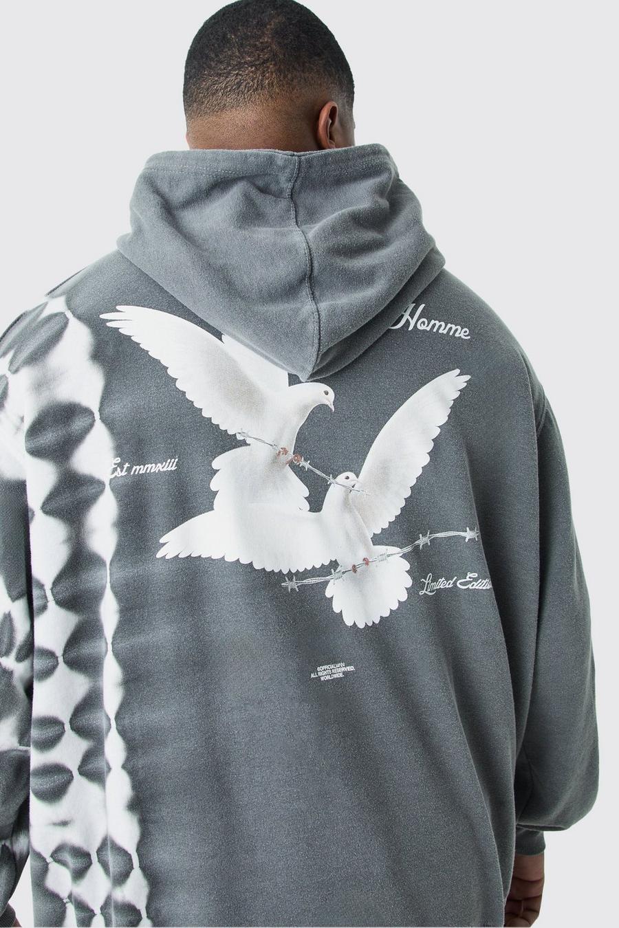 Charcoal Plus Oversize hoodie med batikmönster och grafiskt tryck image number 1
