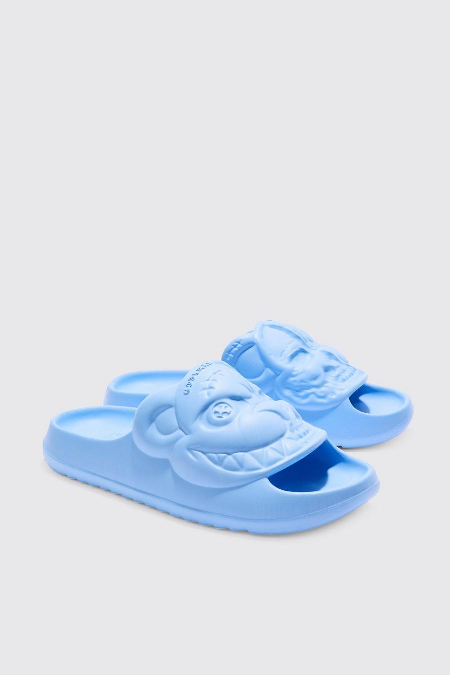 Perforierte Slides mit Evil Teddy Print, Light blue