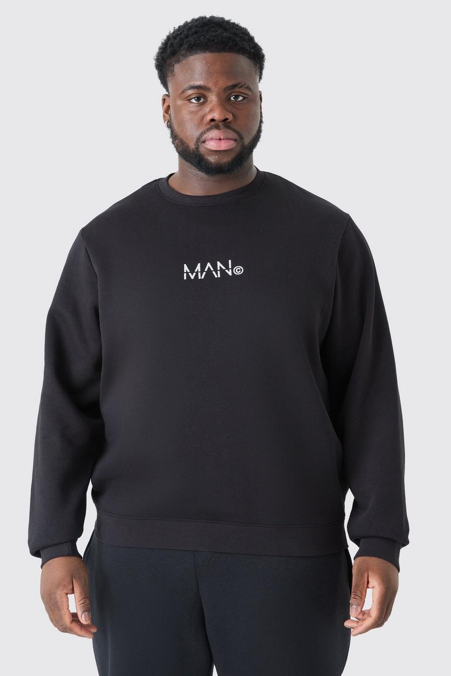Plus Man-Dash Rundhals Sweatshirt in Schwarz, Black image number 1