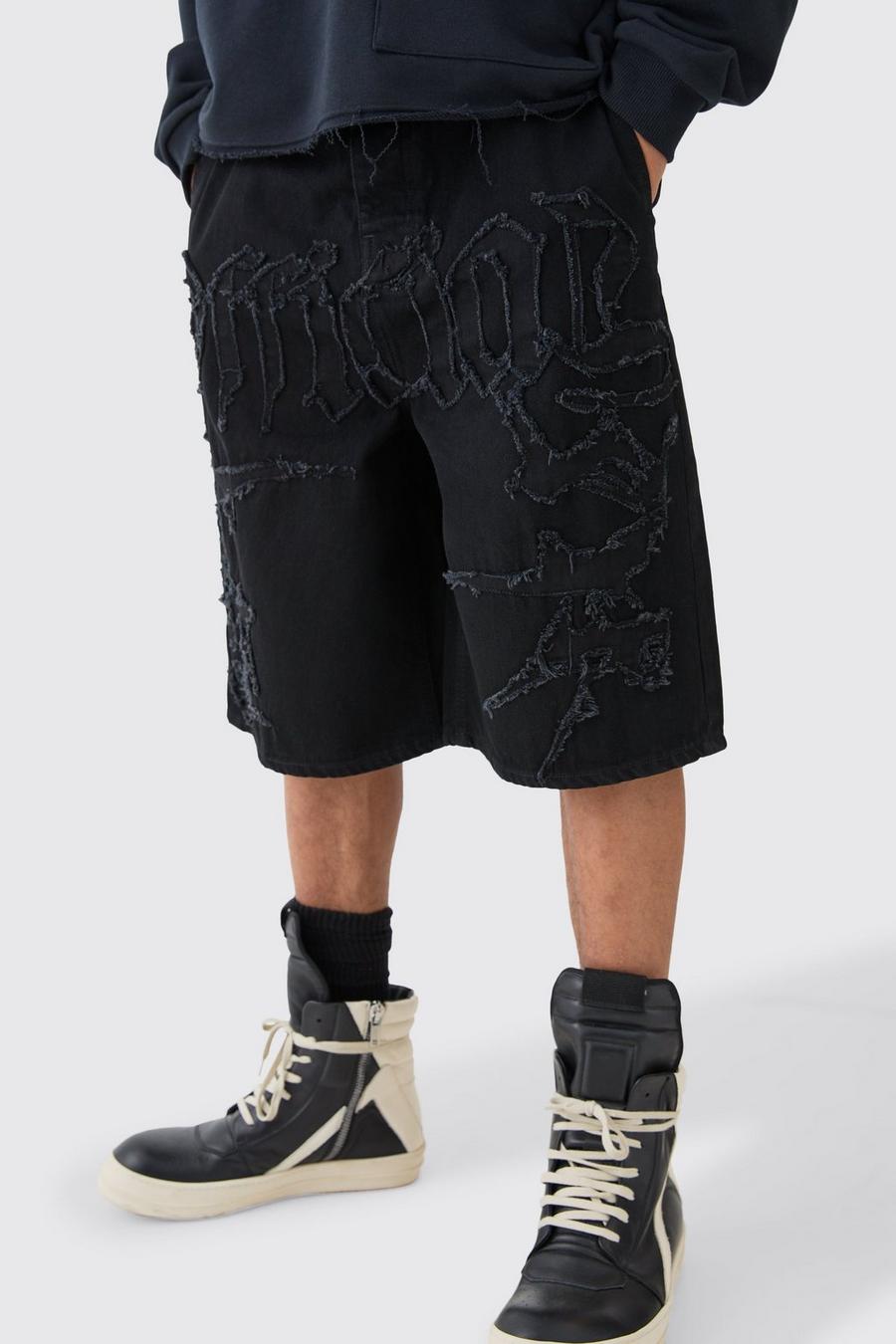 Pantaloni tuta in denim Official neri con applique in tessuto, Black image number 1