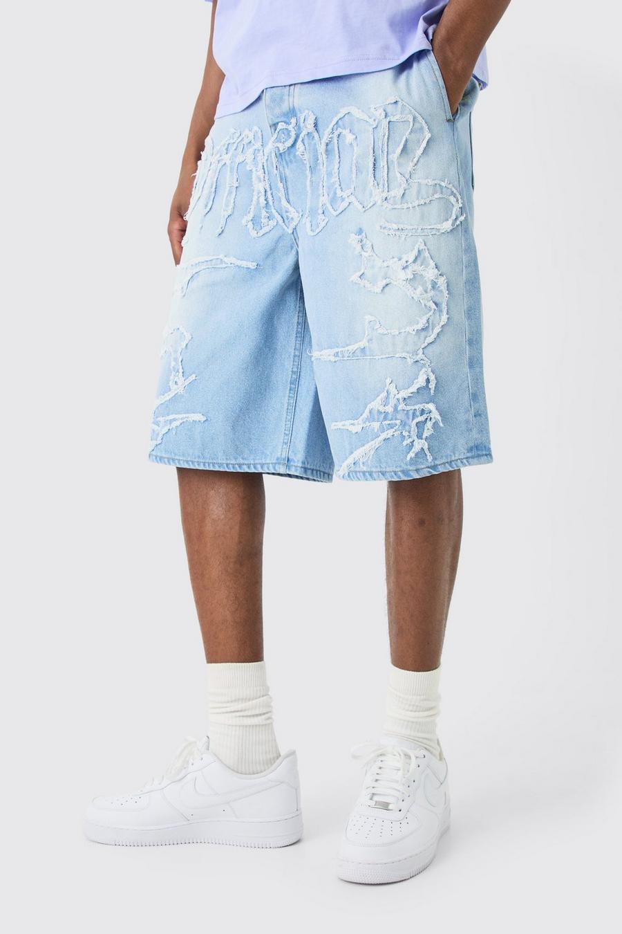 Official Self Fabric Applique Denim Jorts In Ice Blue image number 1