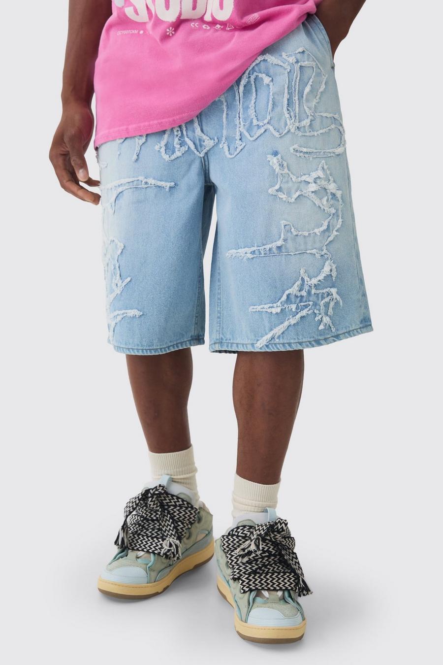 Official Self Fabric Applique Denim Jorts In Ice Blue