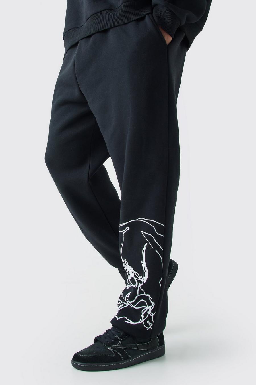 Pantaloni tuta Plus Size Regular Fit con teschio disegnato a linee, Black nero