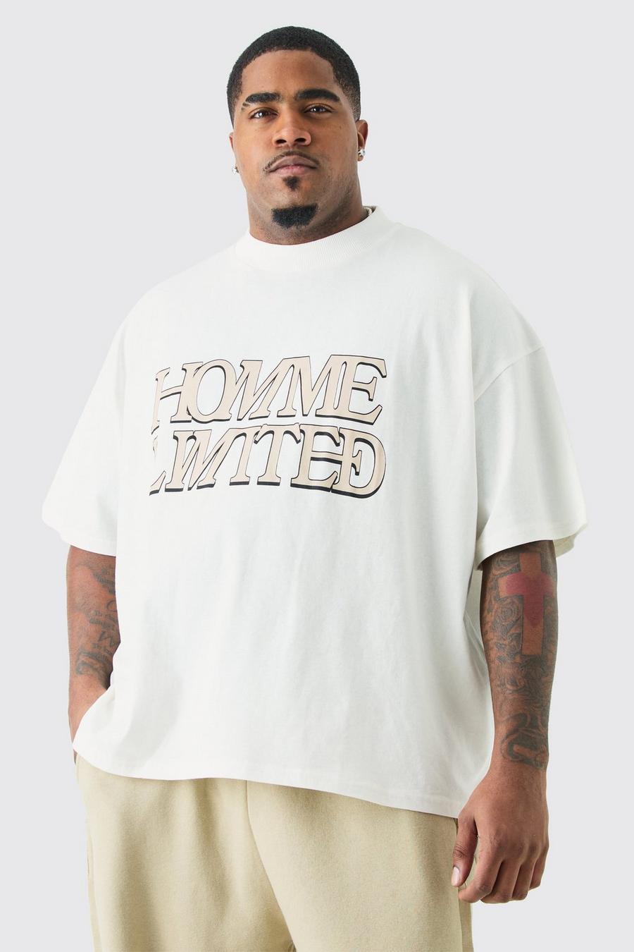 Camiseta Plus oversize recta con cuello extendido y estampado Homme Ltd, Ecru image number 1