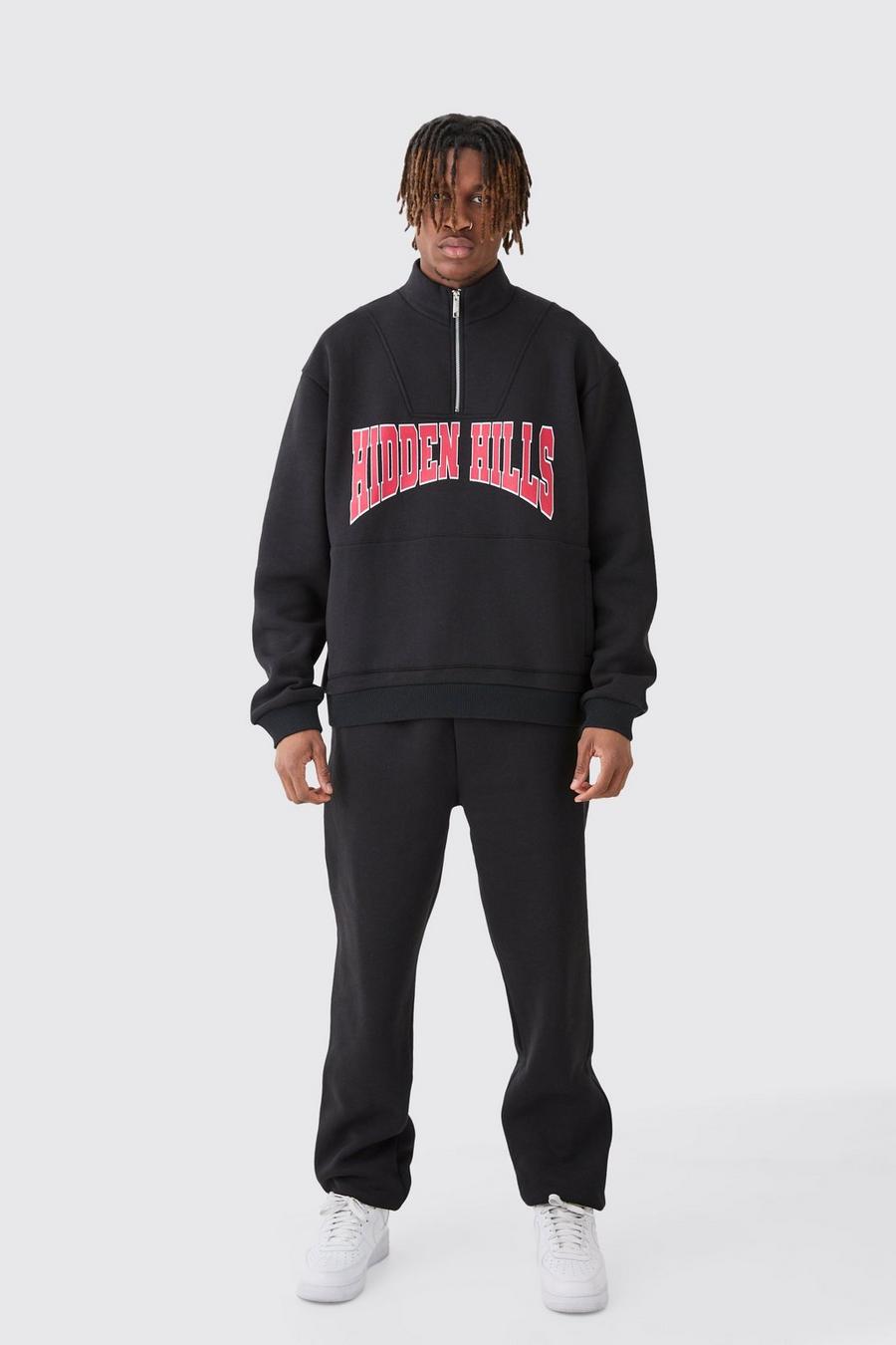 Tall kastiger Oversize Sweatshirt-Trainingsanzug mit 1/4 Reißverschluss, Black image number 1