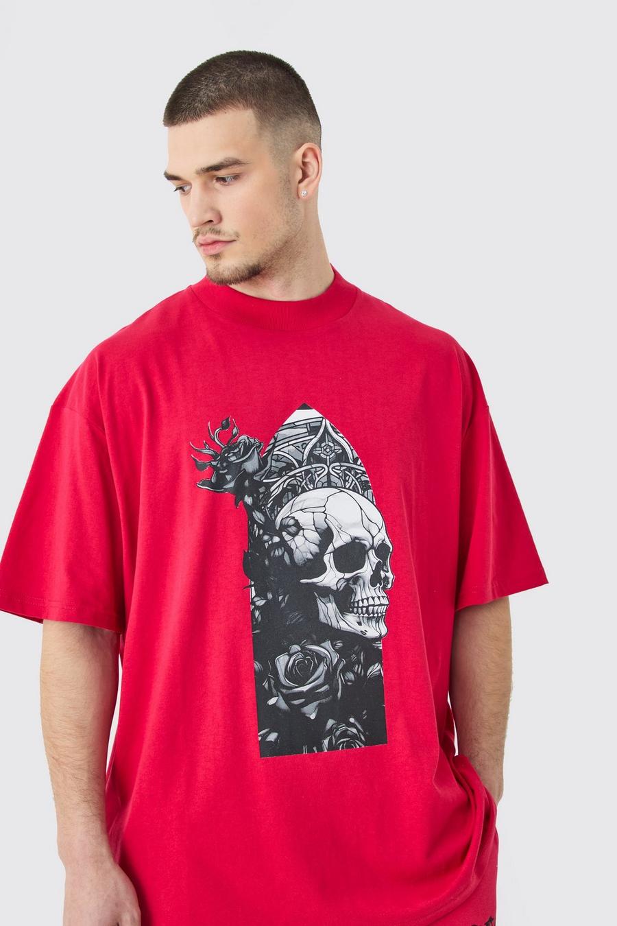 Tall - T-shirt oversize à col montant et imprimé crâne, Red image number 1