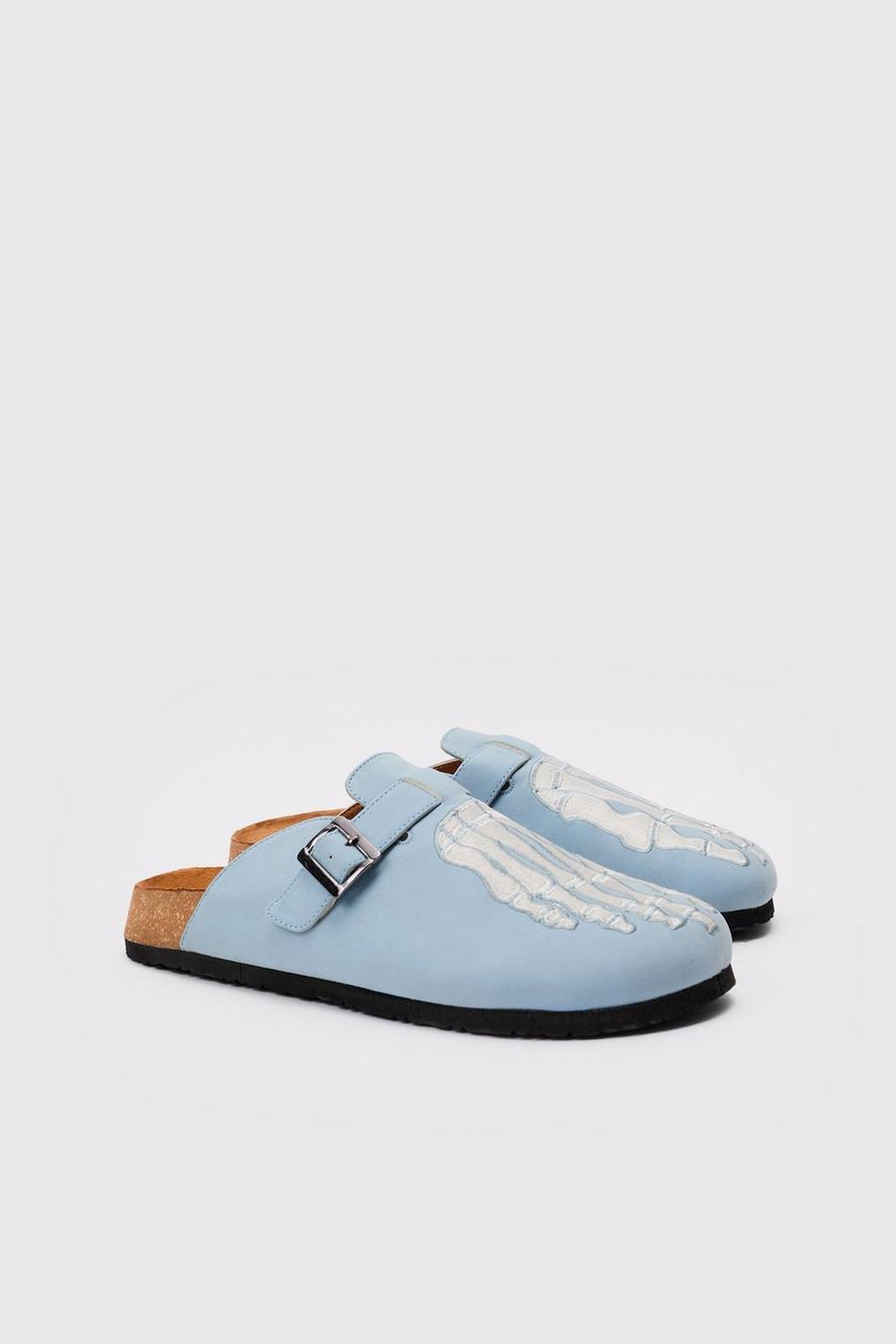 Faux Suede Skeleton Embroidery Mule In Light Blue