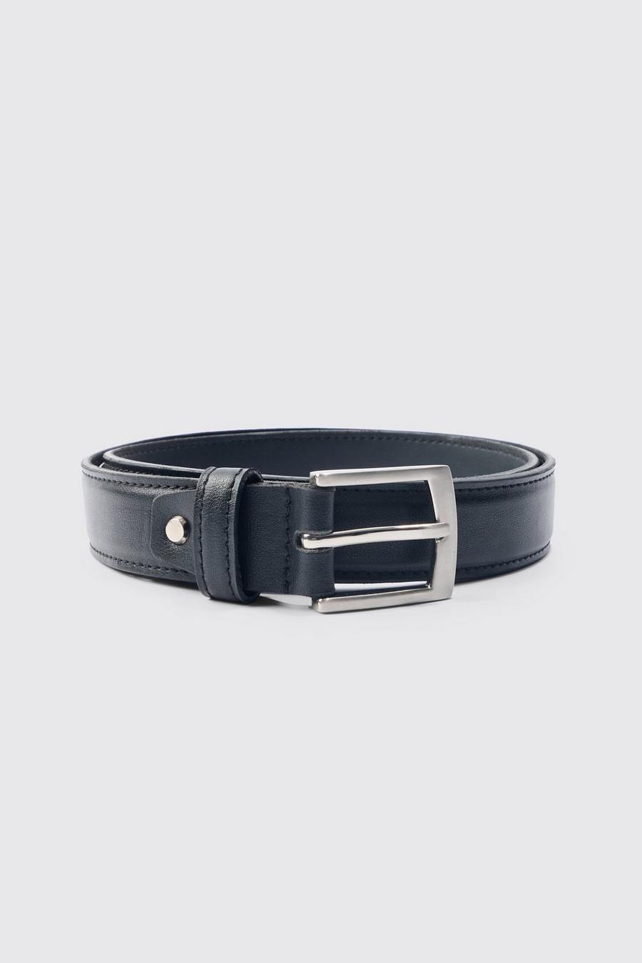 Cinturón negro de cuero sintético liso con hebilla plateada, Black