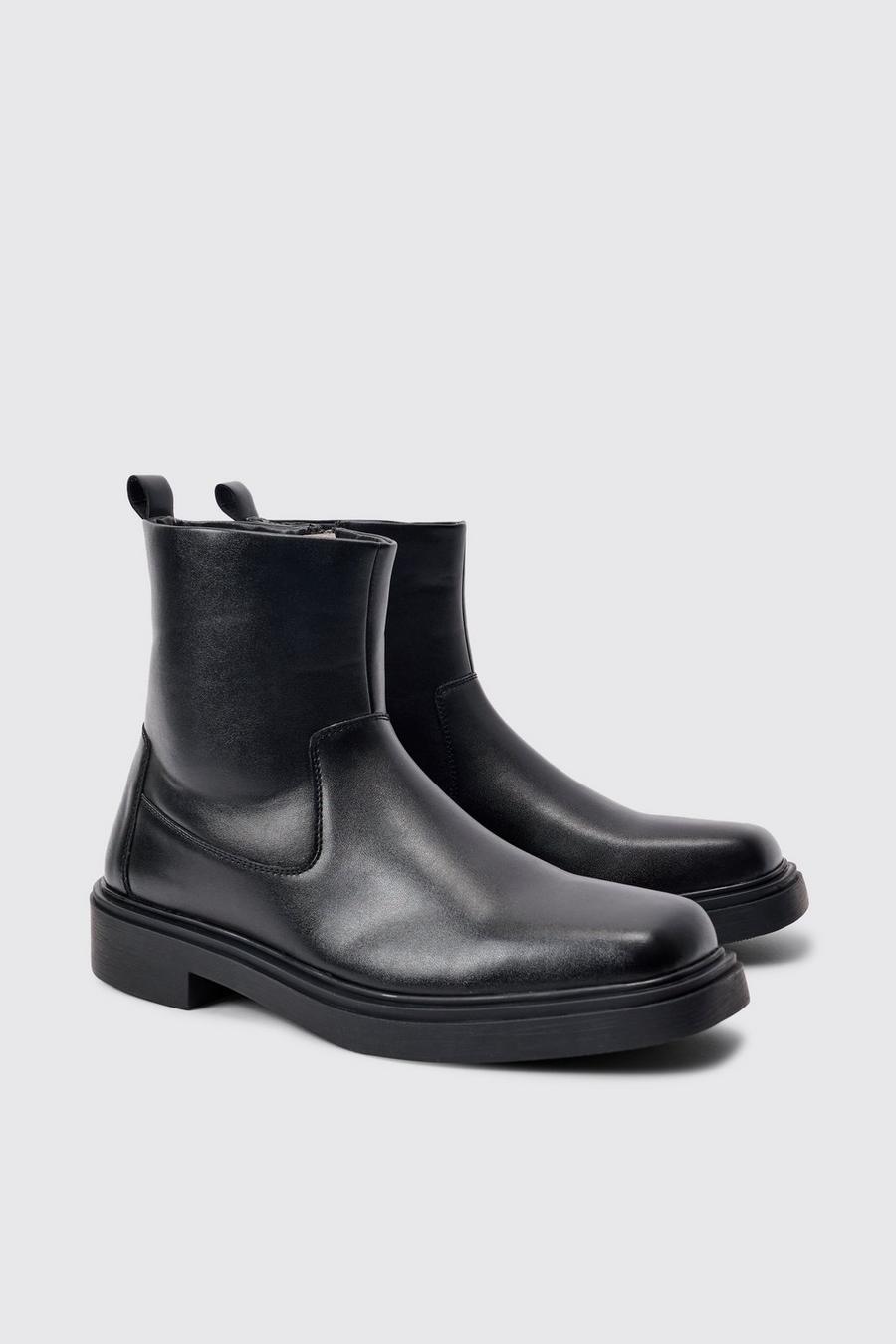 Black Svarta boots i PU med fyrkantig tå och dragkedja