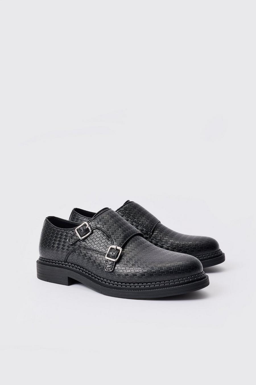 Woven PU Monk Strap Loafer In Black