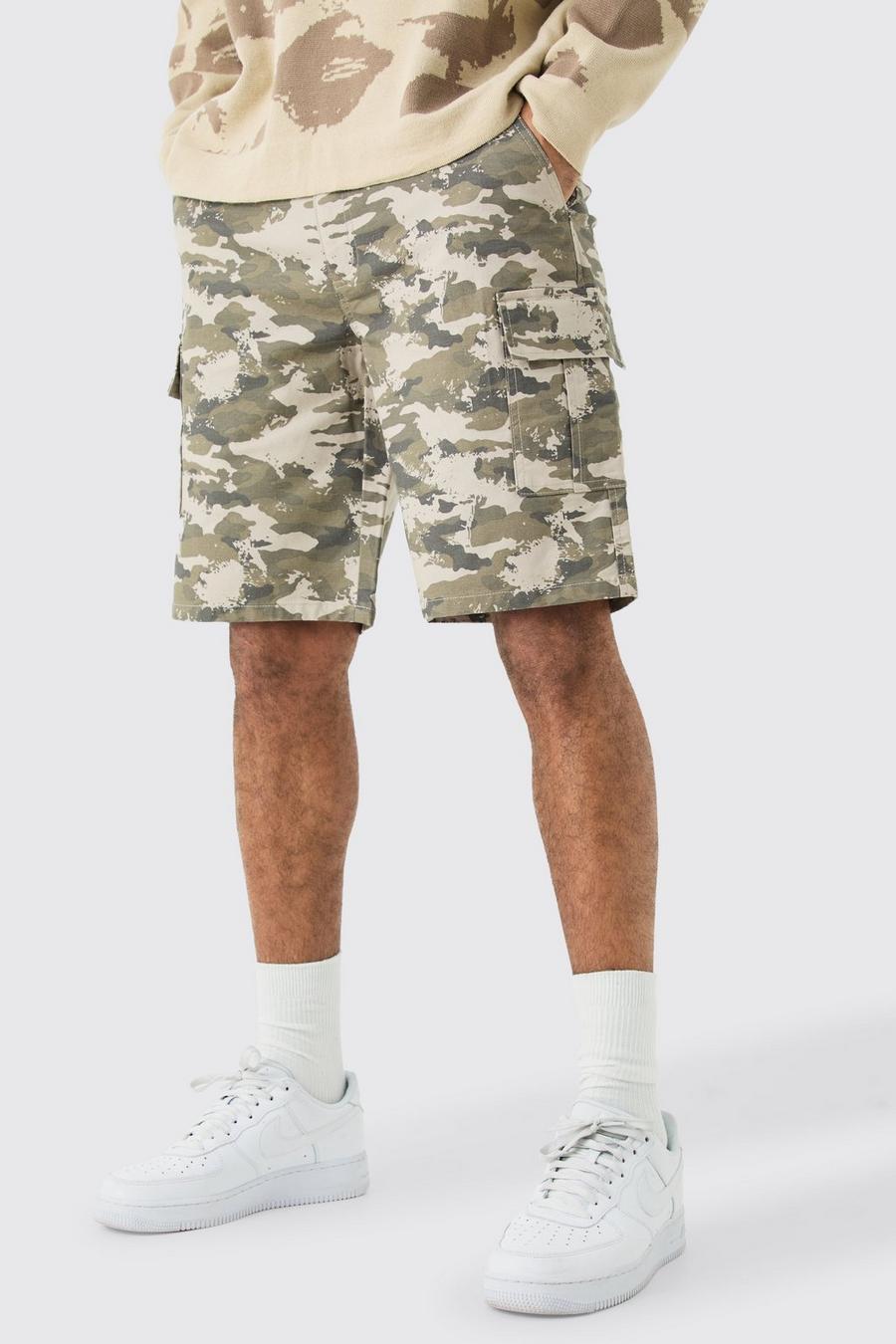Grey Washed Camo Fixed Waist Relaxed Cargo Shorts Distressed-Look 