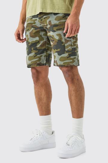 Camo Fixed Waist Relaxed Cargo Shorts khaki