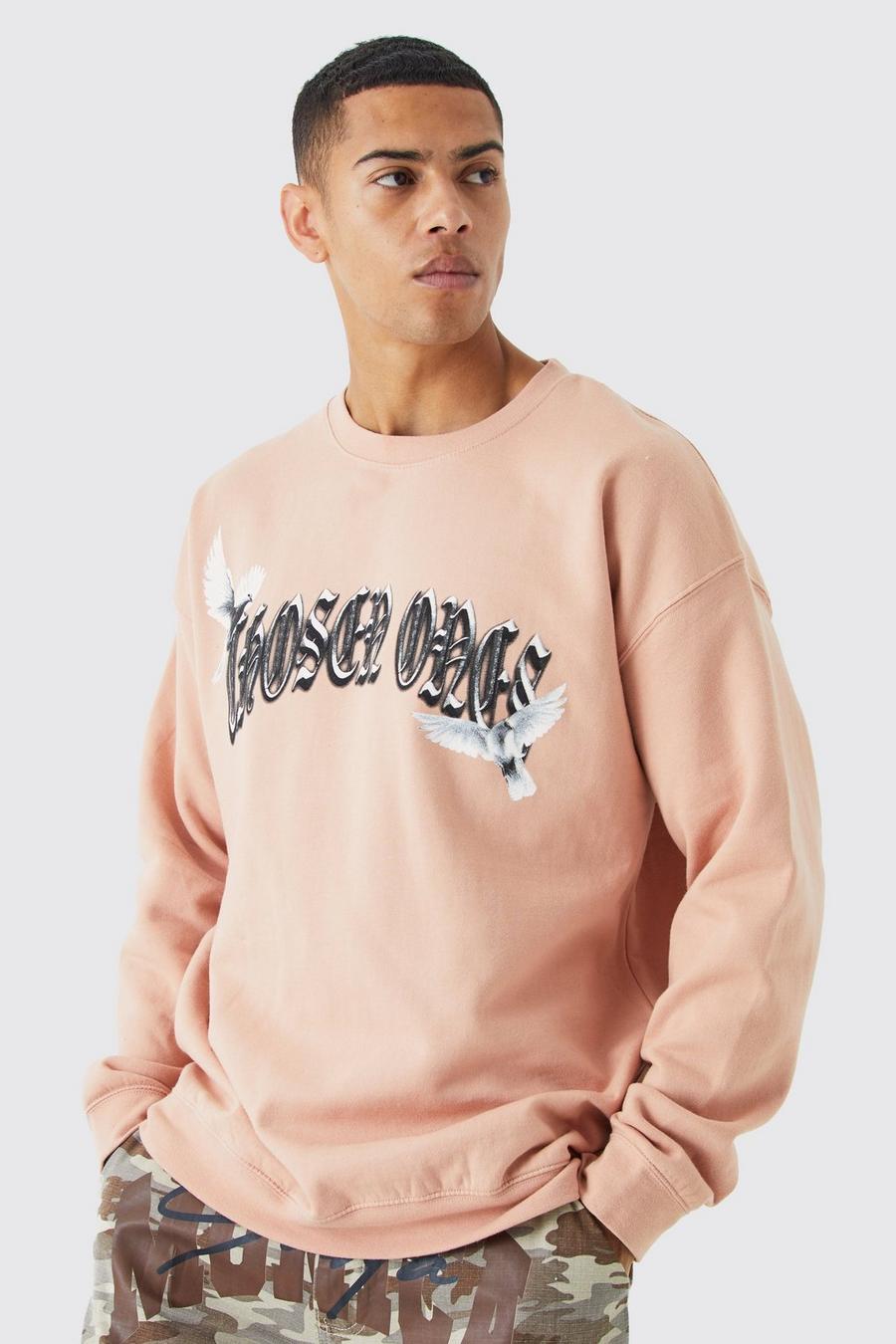 Oversize Sweatshirt mit Vogel-Print, Dusky pink image number 1