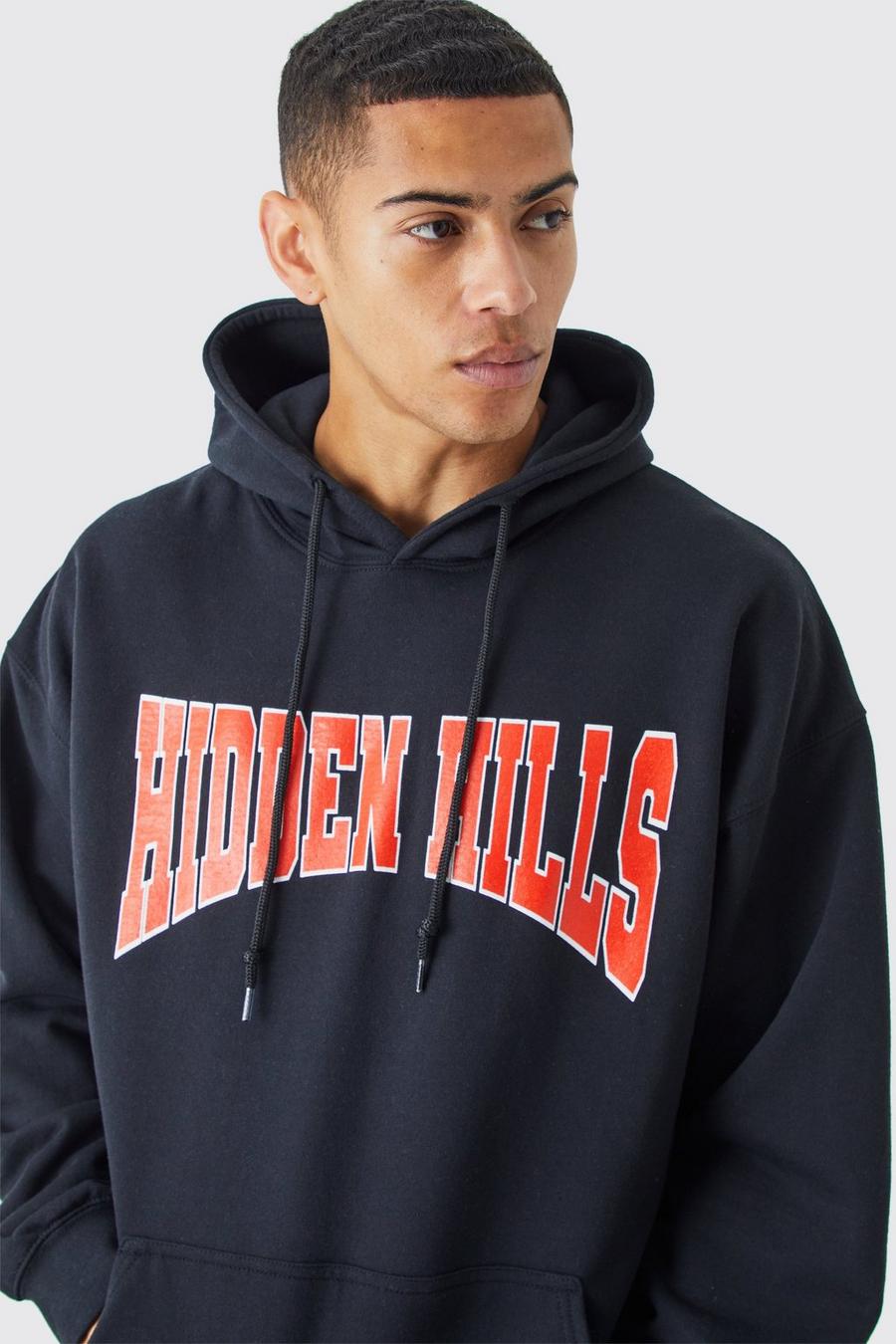 Sudadera oversize universitaria con capucha y estampado de Hidden Hills, Black