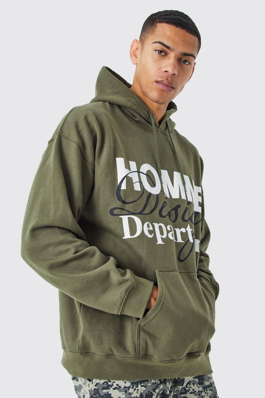 Khaki Homme Oversize hoodie med tryck image number 1