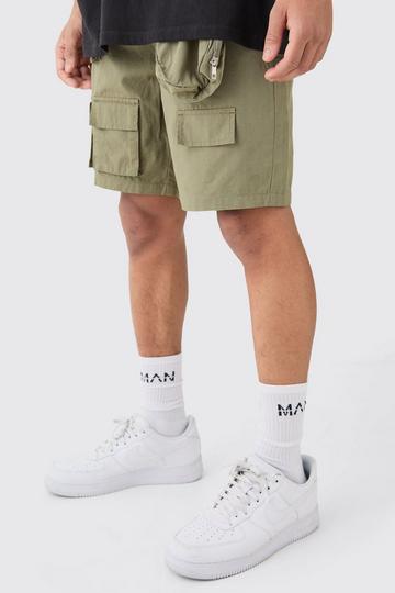 Khaki Elasticated Waist Detachable Bag Multi Cargo Pocket Shorts