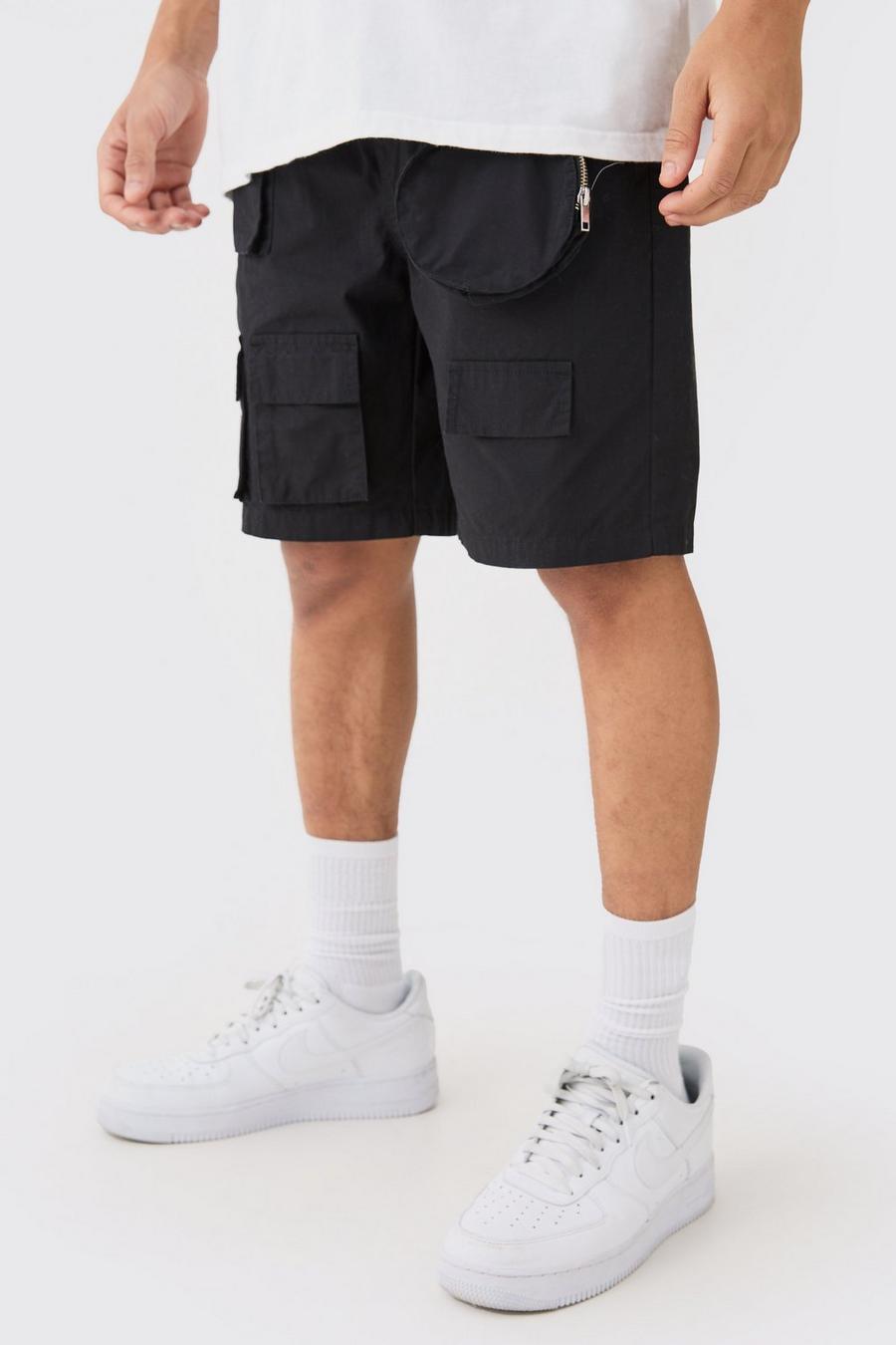 Black Elasticated Waist Detachable Bag Multi Cargo Pocket Shorts