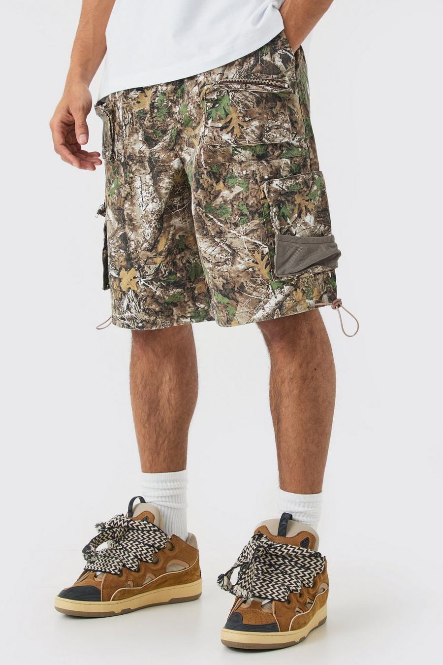 Khaki Camouflage Print Cargo Parachute Shorts Met Elastische Taille