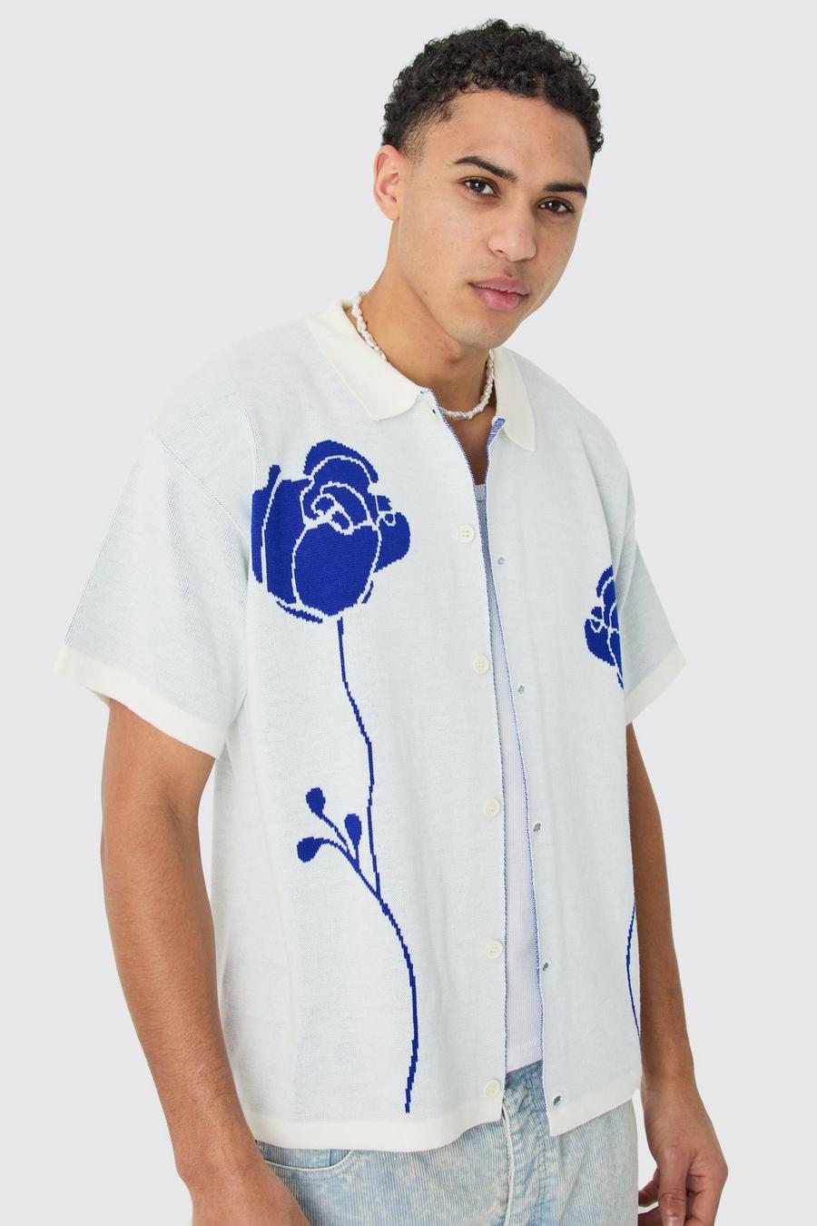 Camicia squadrata in maglia in jacquard bianco mélange con rose, White image number 1