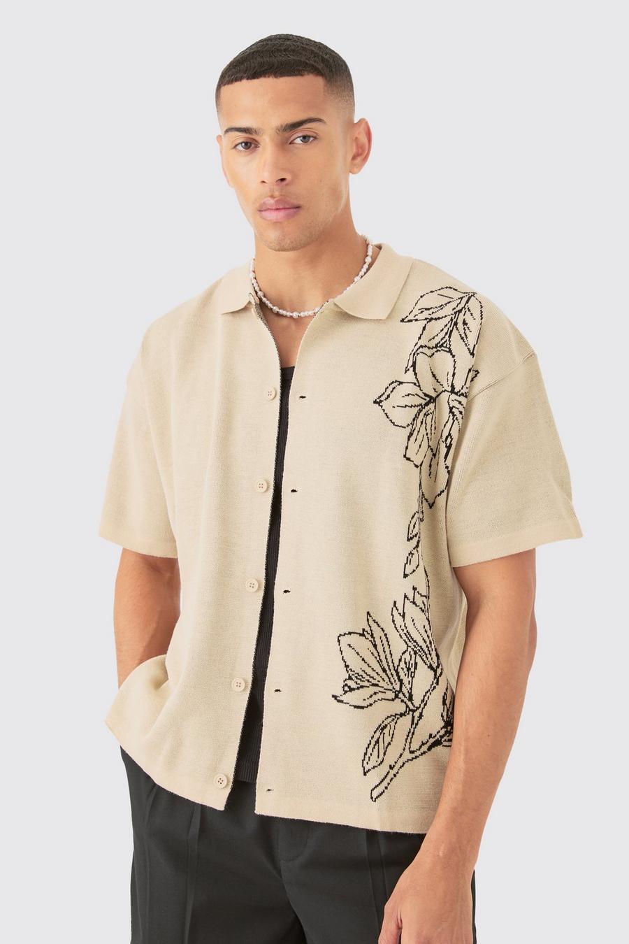 Camicia squadrata in maglia in jacquard color pietra con dettagli a fiori, Stone image number 1