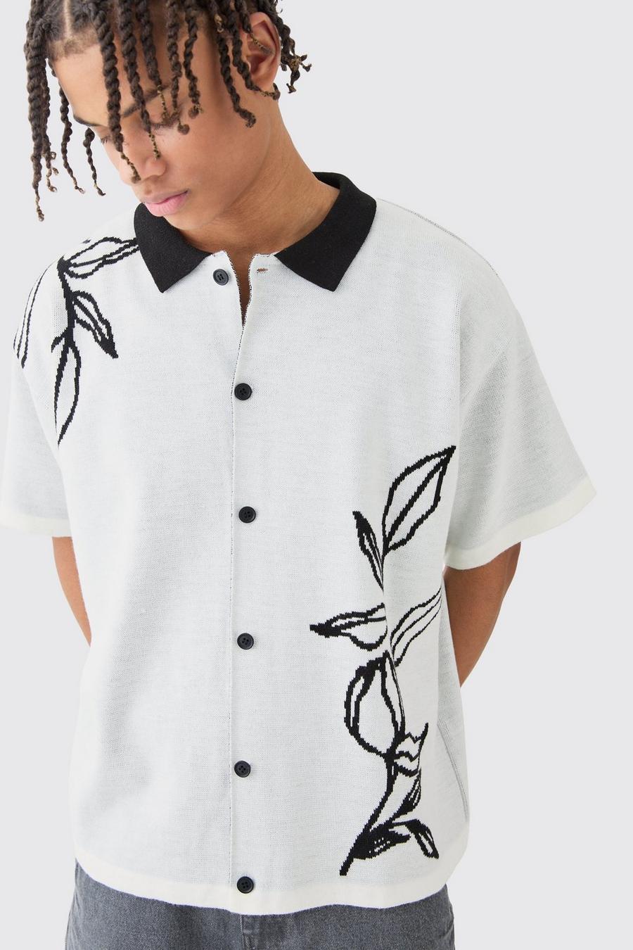 Boxy Jacquard Knit Floral Detail Shirt In White