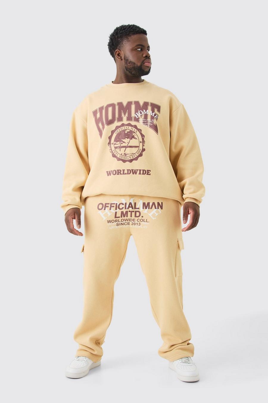 Plus Oversize Sweatshirt-Trainingsanzug mit Homme Worldwide Print, Sand image number 1