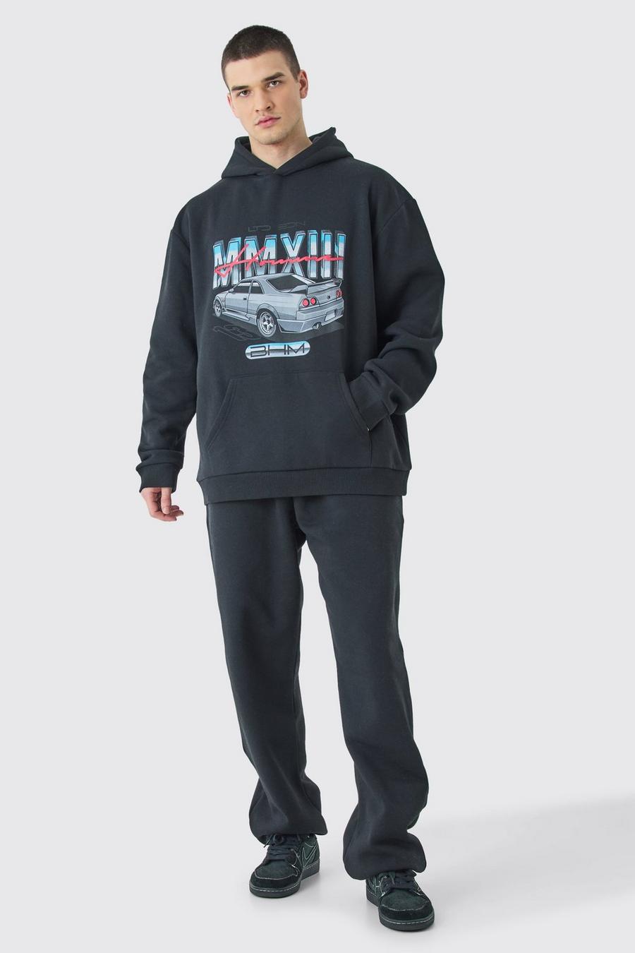 Chándal Tall oversize con capucha y estampado de coche MMXIII, Black image number 1