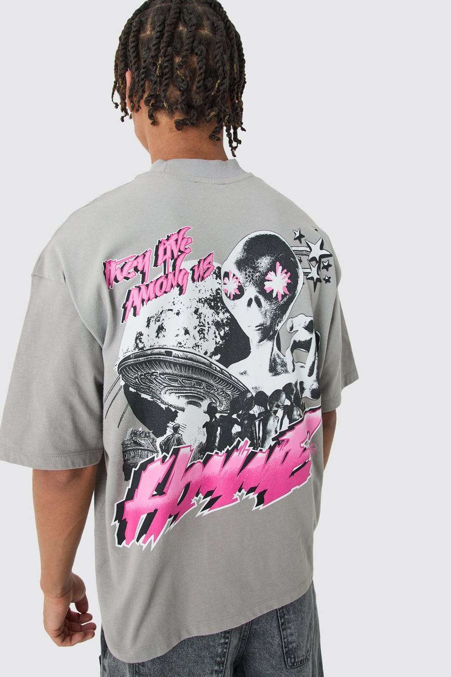 Kastiges Oversize T-Shirt mit Alien-Print, Light grey