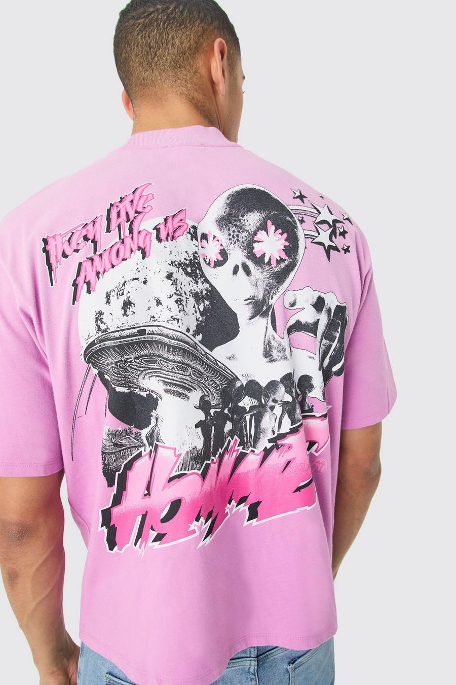 Camiseta oversize recta desteñida gruesa con estampado de alienígena, Pink image number 1