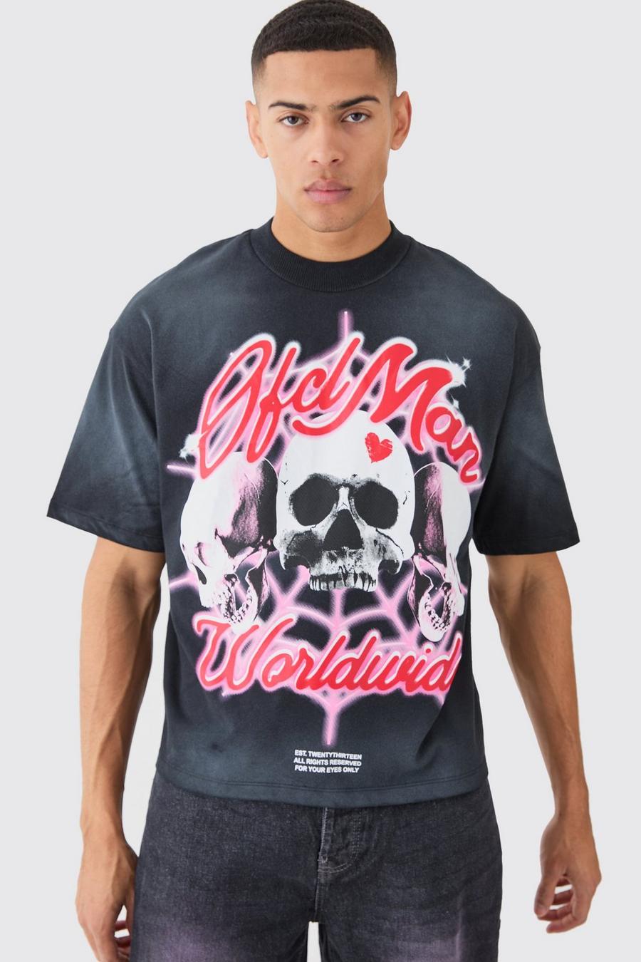 Black Oversized Boxy Skull Graphic Washed Heavyweight T-shirt image number 1
